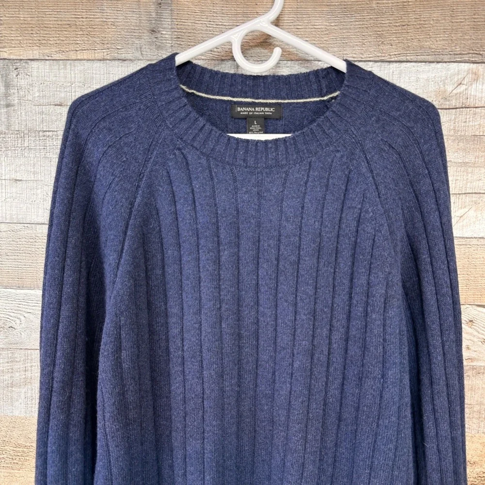 Banana Republic Mens Italian Yarn Wool Blend Ribbed Crew Neck Sweater Navy L
